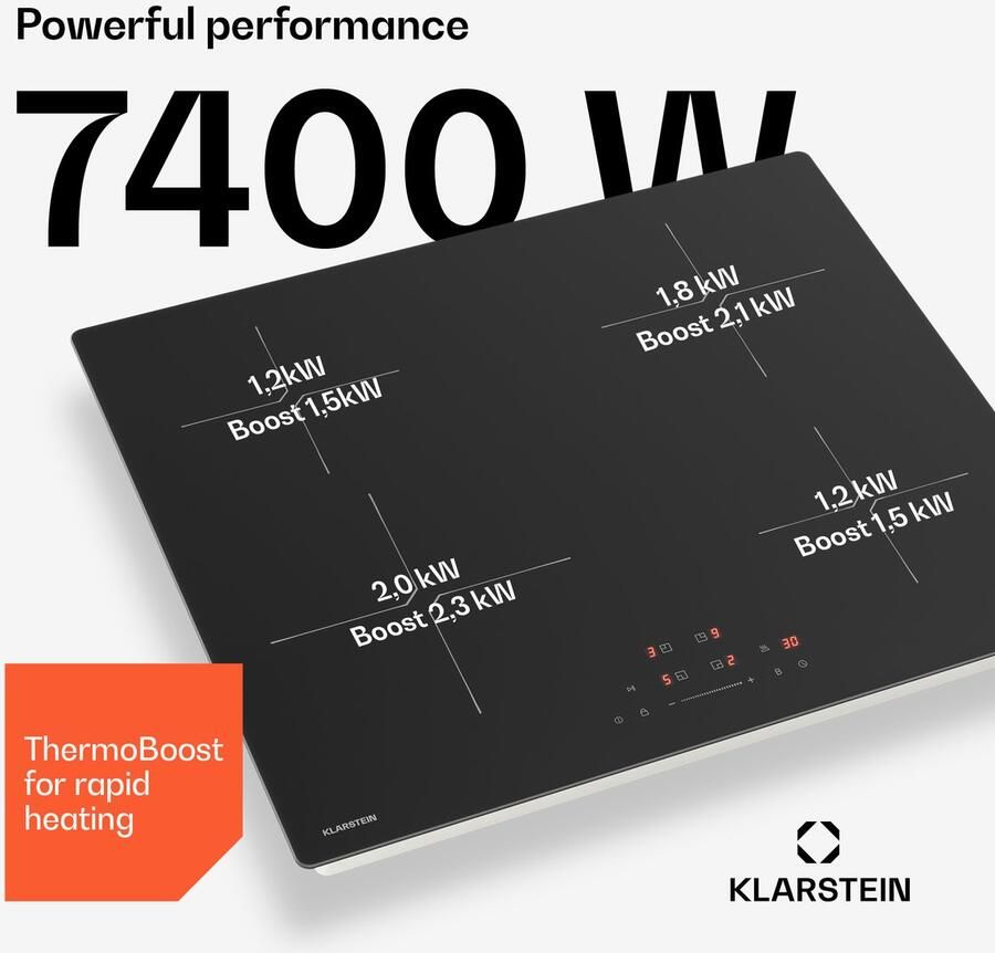 Klarstein Inductiekookplaat PowerGlide 60 cm inbouw 4 zones 7400 W boost touchslider timer kinderslot krasvast mat glas restwarmte-indicator inductiekookplaat Kookveld Induction Hob Inductie Kookveld - Foto 3