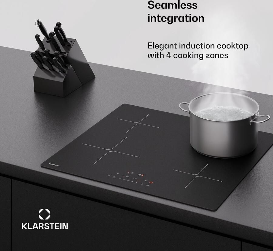 Klarstein Inductiekookplaat PowerGlide 60 cm inbouw 4 zones 7400 W boost touchslider timer kinderslot krasvast mat glas restwarmte-indicator inductiekookplaat Kookveld Induction Hob Inductie Kookveld