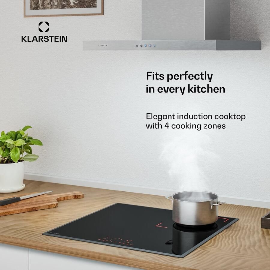 Klarstein Inductiekookplaat RedFlame elektrische kookplaat met 4 zones 7000 W boost touchslider ThermoRecall timer kinderslot oververhittingsbeveiliging keramisch glas 60 cm Kookveld Glaskeramiek Restwarmte-Indicator