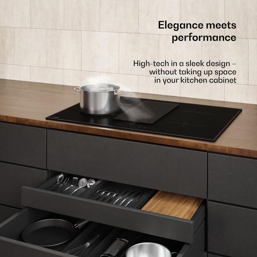 Klarstein Inductiekookplaat Velaire met afzuiging 80 cm 4 zones 8400 W boost ingebouwde afzuiging touchbediening timer kinderslot pannenherkenning zwart glazen oppervlak Kookveld 52 cm voor Keuken Restwarmte-Indicator