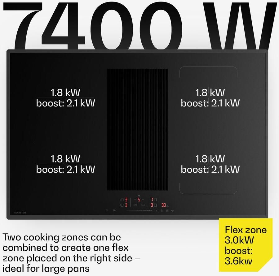 Klarstein Inductiekookplaat Velaire met afzuiging 80 cm 4 zones 8400 W boost ingebouwde afzuiging 597 m³ u touchslider flexzone timer kinderslot zwart glas Kookveld 52 cm voor Keuken Restwarmte-Indicator - Foto 3