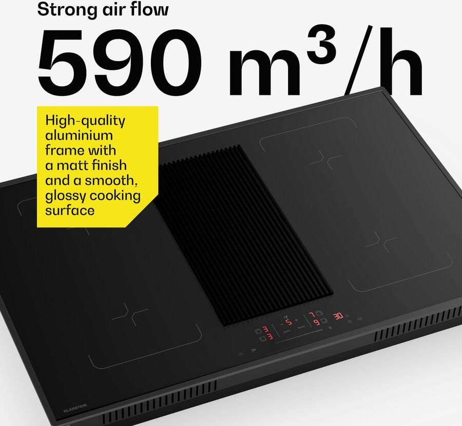 Klarstein Inductiekookplaat Velaire met afzuigkap 80 cm 4 flexibele zones 8400 W boost ingebouwde afzuigkap touchbediening timer kinderslot glazen oppervlak inbouwmodel Kookveld 52 cm voor Keuken Flexzone Restwarmte-Indicator