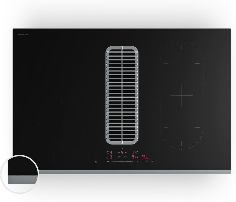 Klarstein Inductiekookplaat Verosteel met afzuigkap 80 cm 4 zones 7400 W ingebouwde afzuigkap 590 m³ u touchbediening timer kinderslot pannenherkenning zwart glas Kookveld 8400W voor Keuken Restwarmte-Indicator RVS