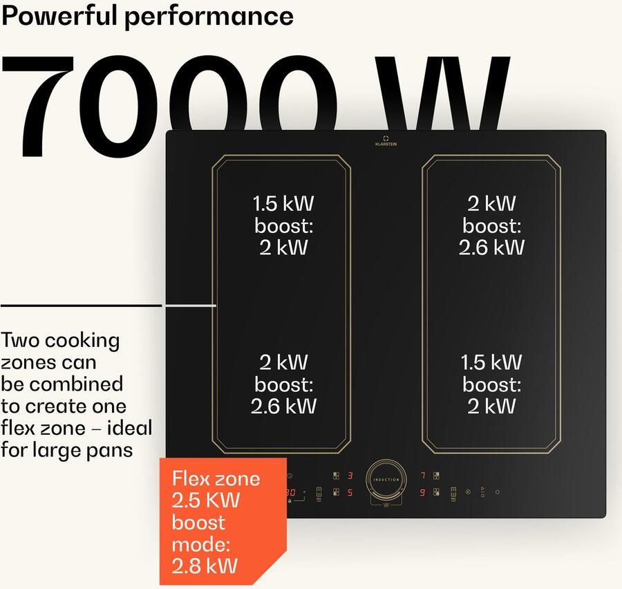 Klarstein Inductiekookplaat Victoria 4 Flex Flexzonetechniek Inbouwkookplaat 59 Cm 4 Zones 2 Flexvelden 7400 Watt Booster Temperatuuropslag Timer glaskeramisch Oppervlak Energiezuinig Koken ThermaRecall Functie Zwart