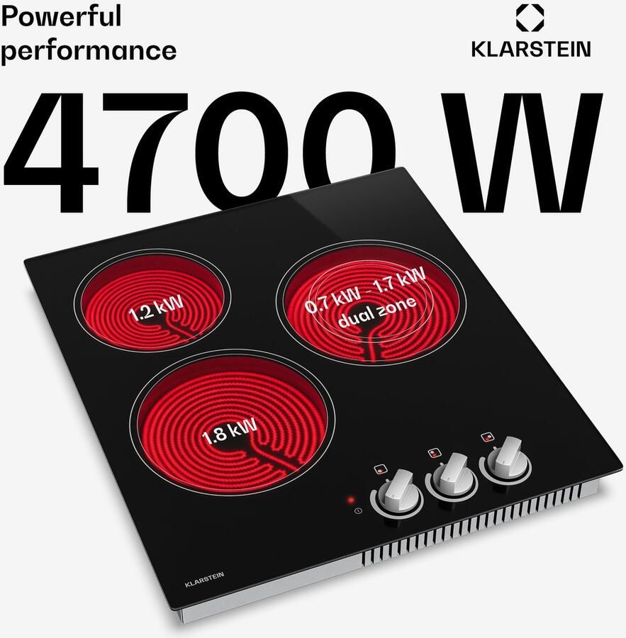 Klarstein keramische kookplaat 45 cm glazen oppervlak elektrische kookplaat met 3 zones en dubbele zone draaiknoppen 4700 W restwarmte-indicator en kinderslot makkelijk schoon te maken kookplaat - Foto 3