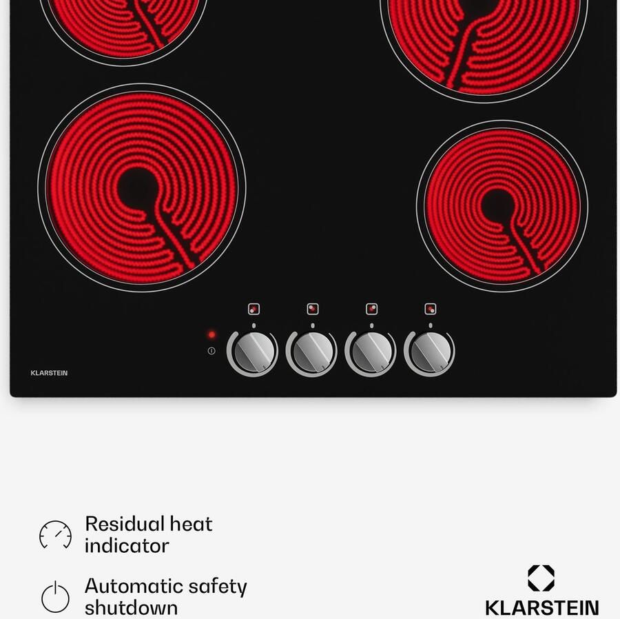 Klarstein keramische kookplaat 60 cm 4-zone elektrische kookplaat met draaiknoppen 5800 W restwarmte-indicator kinderslot en automatische uitschakeling makkelijk schoon te maken glazen oppervlak voor moderne keukens