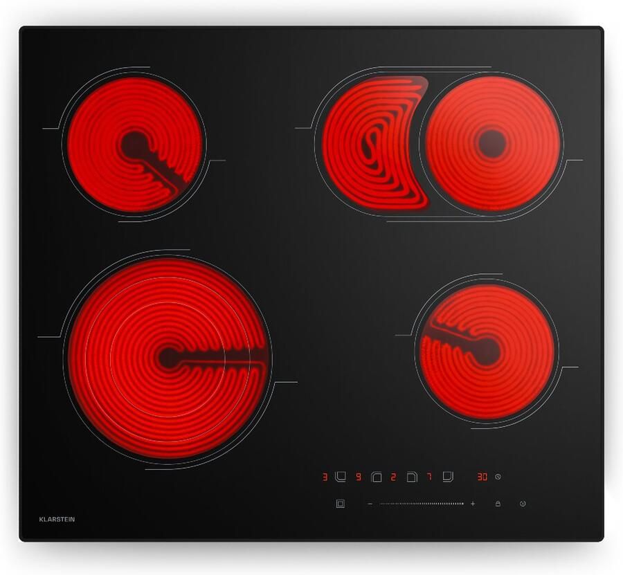 Klarstein keramische kookplaat 60 cm 4-zones elektrische kookplaat met touch slider 6700 W timer kinderslot restwarmte-indicator glazen oppervlak minimalistisch design voor moderne keukens