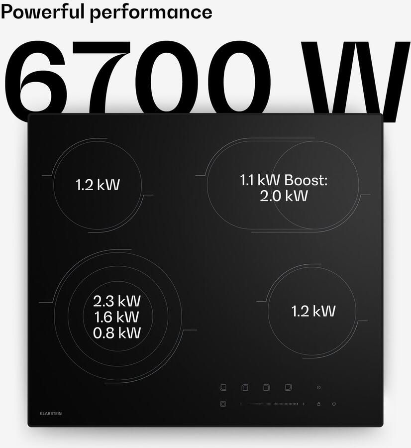 Klarstein keramische kookplaat 60 cm 4-zones elektrische kookplaat met touch slider 6700 W timer kinderslot restwarmte-indicator glazen oppervlak minimalistisch design voor moderne keukens