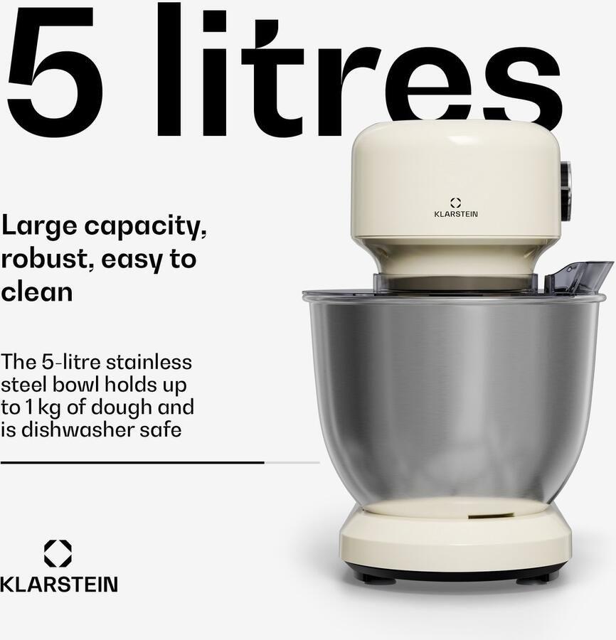 Klarstein Keukenmachine Bella Evo 1500W keukenrobot – 5 liter roestvrijstalen kom 12 snelheden planetaire mixfunctie pulsefunctie deeghaak klopper en garde keukenrobot voor bakken room voor Keuken Knetmaschine Rührmaschine - Foto 3