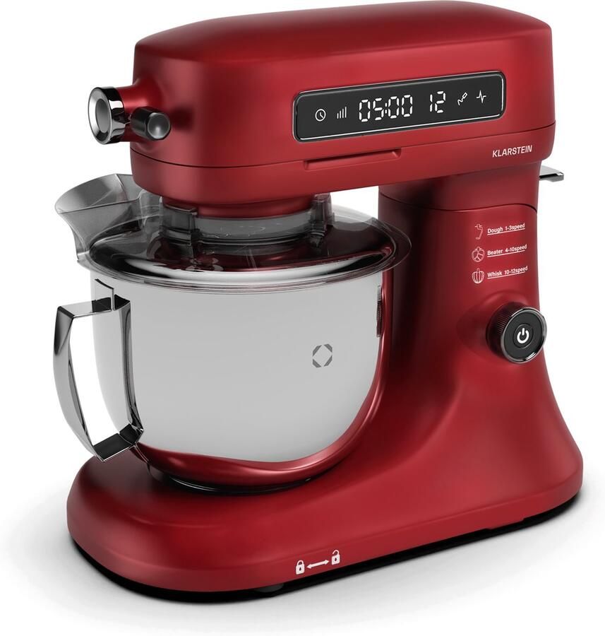 Klarstein Chiara 1600W Küchenmaschine – 5L Edelstahlschüssel 12 Geschwindigkeiten LCD Touch Display Leise ≤72 dB Spülmaschinenfestes Patisserie Set Aluminium Druckgussgehäuse Rot – geschikt voor thuisfitness en sportschoolgebruik duurzame cons