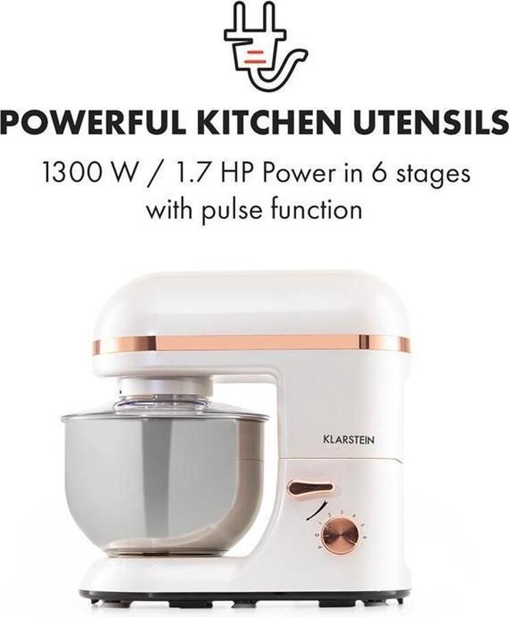 Klarstein Bella Elegance Keukenmachine Deeghaak Kneedhaak En Garde 2000 W 6 Vermogensstanden Plus Pulsefunctie 5 Liter Roestvrijstalen Kom Behuizing: BAS Kunststof Anti-Slip Voetjes Oververhittingsbeveiliging Spatbescherming Wit