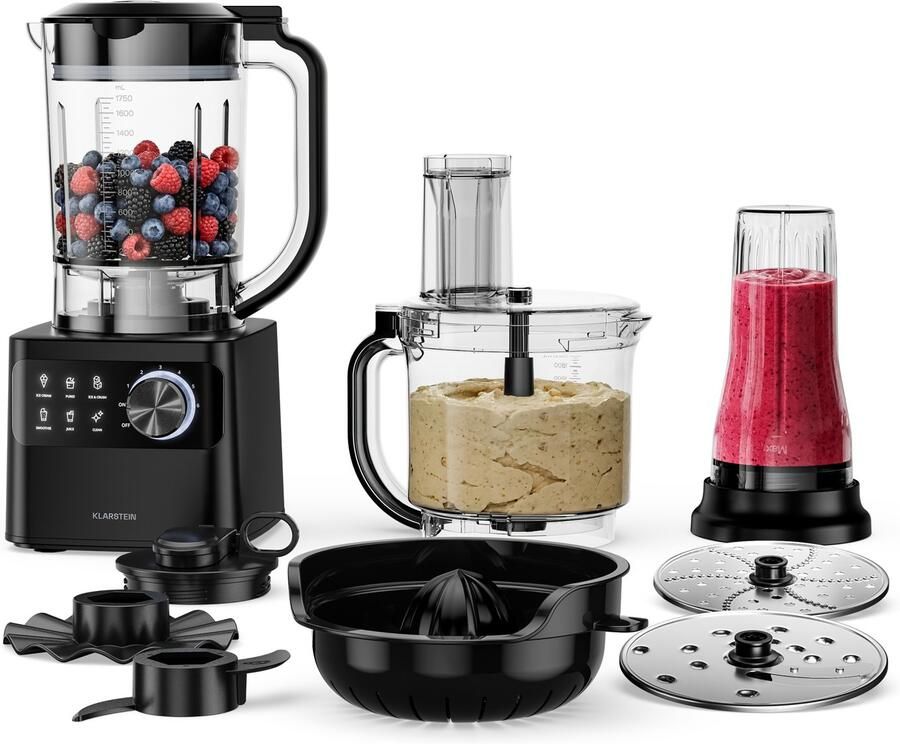 Klarstein Keukenmachine Velaire met mixer – 1200 W multifunctionele keukenmachine 2-liter kom 1 75-liter mixer 6 programma's en snelheden sapcentrifuge en vleesmolen opzetstukken 1 75L voor Keuken Knetmaschine Rührmaschine