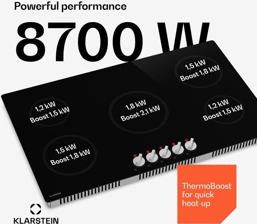 Klarstein Kochheld 90 cm inductiekookplaat 5-zone elektrische inductiekookplaat 8700 W boost draaiknopbediening restwarmte-indicator oververhittingsbeveiliging glaskeramische kookplaat zwart - Foto 4