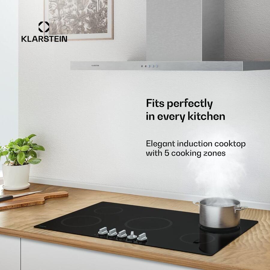 Klarstein Kochheld 90 cm inductiekookplaat 5-zone elektrische inductiekookplaat 8700 W boost draaiknopbediening restwarmte-indicator oververhittingsbeveiliging glaskeramische kookplaat zwart