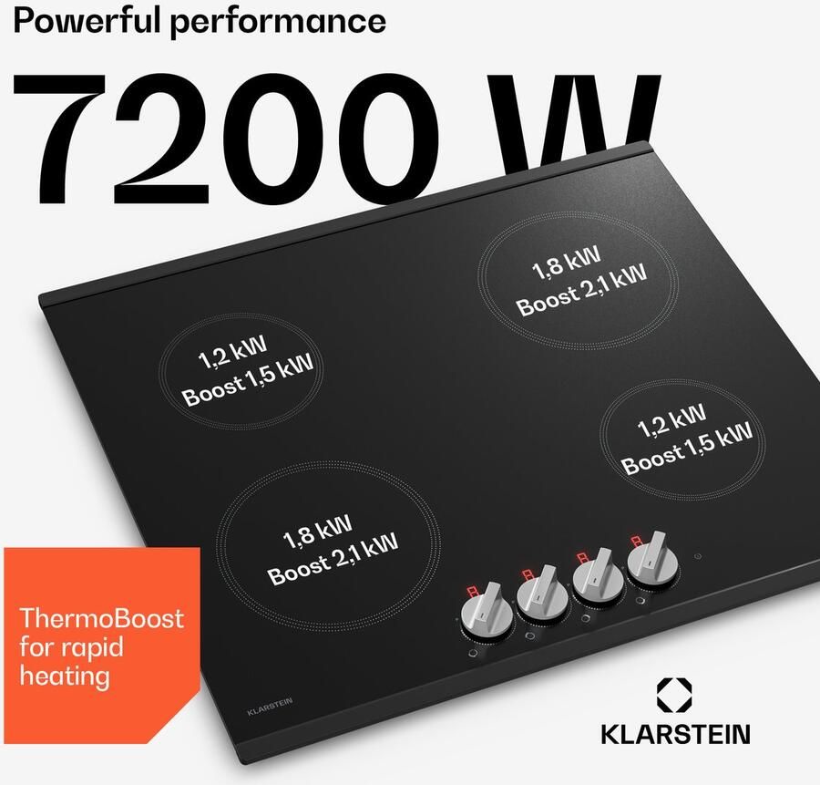 Klarstein Kochheld inductiekookplaat 4-pits elektrische inductiekookplaat 7200W boost draaiknopbediening matglas oververhittingsbeveiliging restwarmte-indicator 60 cm kookplaat