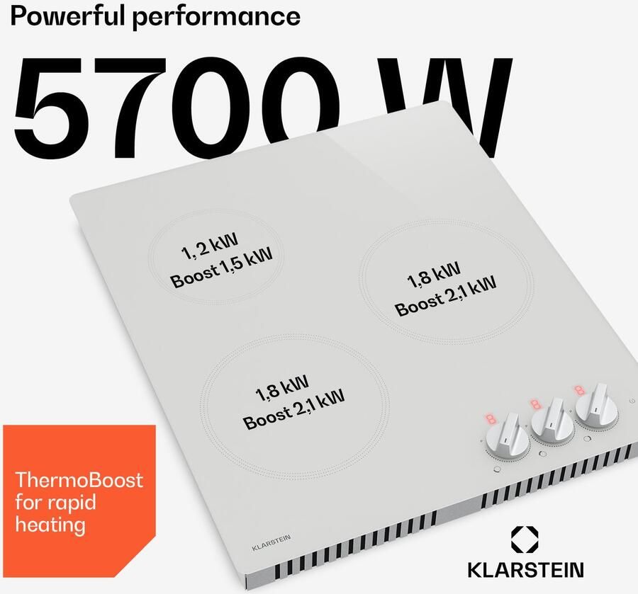 Klarstein Kochheld inductiekookplaat Elektrische inductiekookplaat met 3 zones 5700 W boost draaiknopbediening restwarmte-indicator oververhittingsbeveiliging keramisch glas 45 cm inbouwkookplaat wit - Foto 2