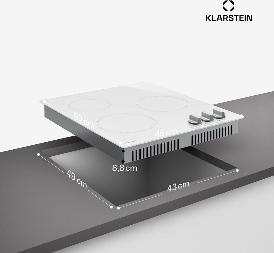 Klarstein Kochheld inductiekookplaat Elektrische inductiekookplaat met 3 zones 5700 W boost draaiknopbediening restwarmte-indicator oververhittingsbeveiliging keramisch glas 45 cm inbouwkookplaat wit - Foto 4