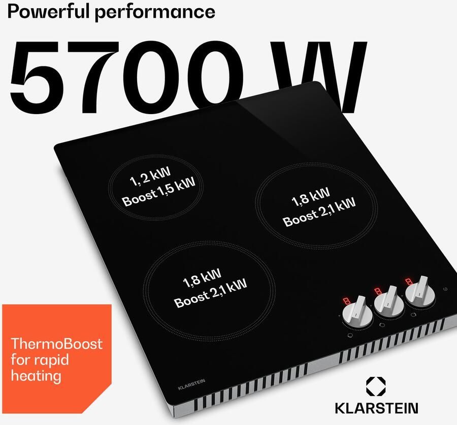 Klarstein Kochheld inductiekookplaat elektrische inductiekookplaat met 3 zones 5700 W boost draaiknopbediening restwarmte-indicator oververhittingsbeveiliging keramisch glas 45 cm inbouwkookplaat zwart