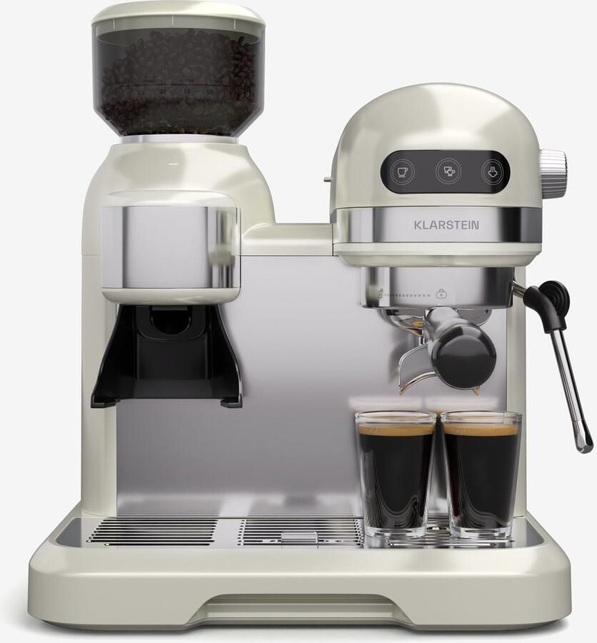 Klarstein Bella Café Siebträgermaschine Mit Mahlwerk – 19 Bar 1550 W 1 4 L Integriertes Kegelmahlwerk Milchaufschäumer 2 Tassen Thermo Block Creme Rostfreier Stahl – geschikt voor thuisfitness en sportschoolgebruik duurzame constructie eenv