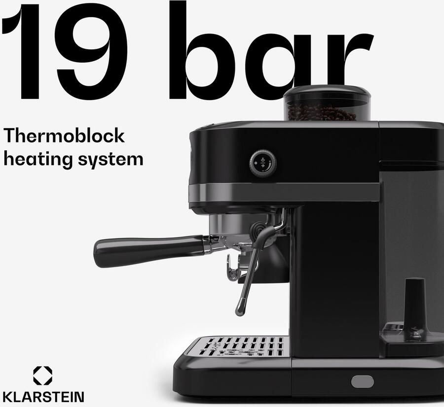 Klarstein Koffiemachine Bella Café portafiltermachine Met Maalwerk – 19 Bar 1.550 W 1 4-l-Watertank Ingebouwd Kegelmaalwerk Melkopschuimer 2 Tasseninzetten Thermo-blok Zwart Espressomachine 4L voor Keuken LED