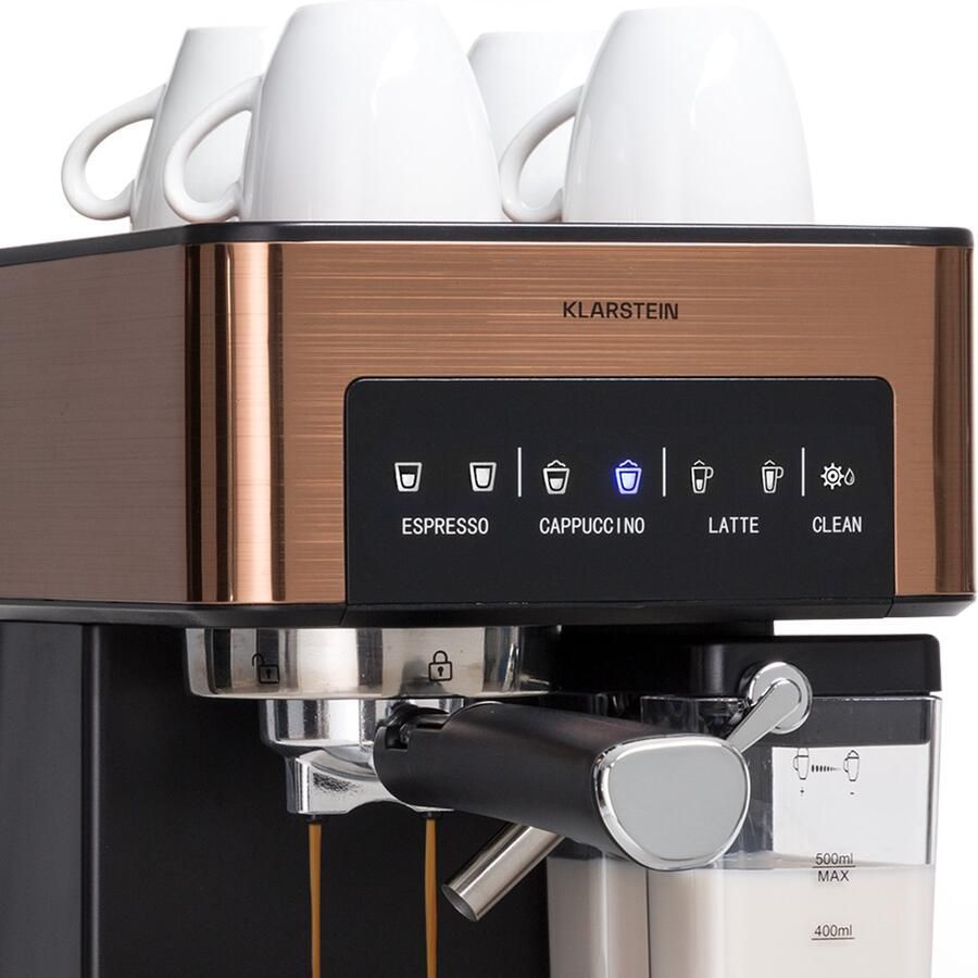 Klarstein Arabica Comfort Espressomachine 1350 Watt 20 Bar Uitneembare Watertank: 1 -8 Liter 90° Rvs Stoompijpje Uitneembaar Melkreservoir Touch Bedieningspaneel Leddisplay Afwasbaar Lekrooster Bekerwarmer Koperkleur