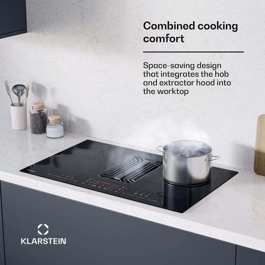 Klarstein Kookplaat AirJet FlexPro Down Air systeem + Afzuigkap Inductiekookplaat met Inbouwafzuigkap 4 Zones voor Keuken Inbouw Stil Energiezuinig LED Kookveld Cooktop Hob