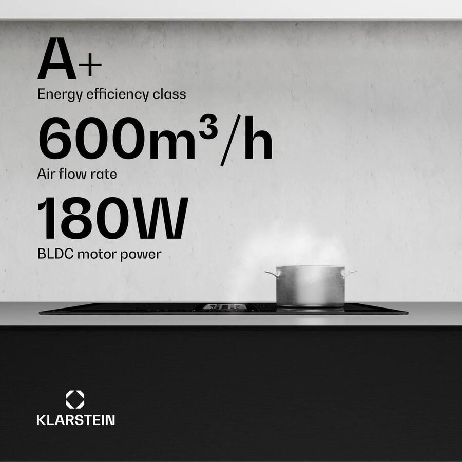 Klarstein AirJet FlexPro Inductiekookplaat met Afzuiging – A+ Energie-efficiëntie 600 m³ u Luchtstroom 14 kW Vermogen 4 Flexzones Stil 52 dB Touchbediening Zwart