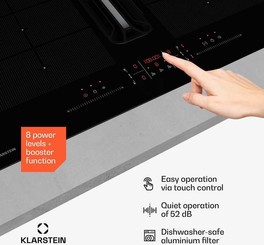 Klarstein AirJet FlexPro Inductiekookplaat met Afzuiging – A+ Energie-efficiëntie 600 m³ u Luchtstroom 14 kW Vermogen 4 Flexzones Stil 52 dB Touchbediening Zwart