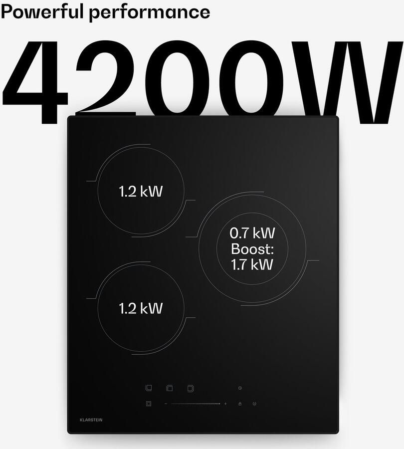 Klarstein Kookplaat keramische 45 cm 3-zones glaskeramische kookplaat met touch slider 4100 W dubbele zone timer kinderslot glazen oppervlak elektrische kookplaat voor moderne keukens voor Keuken Restwarmte Kookveld