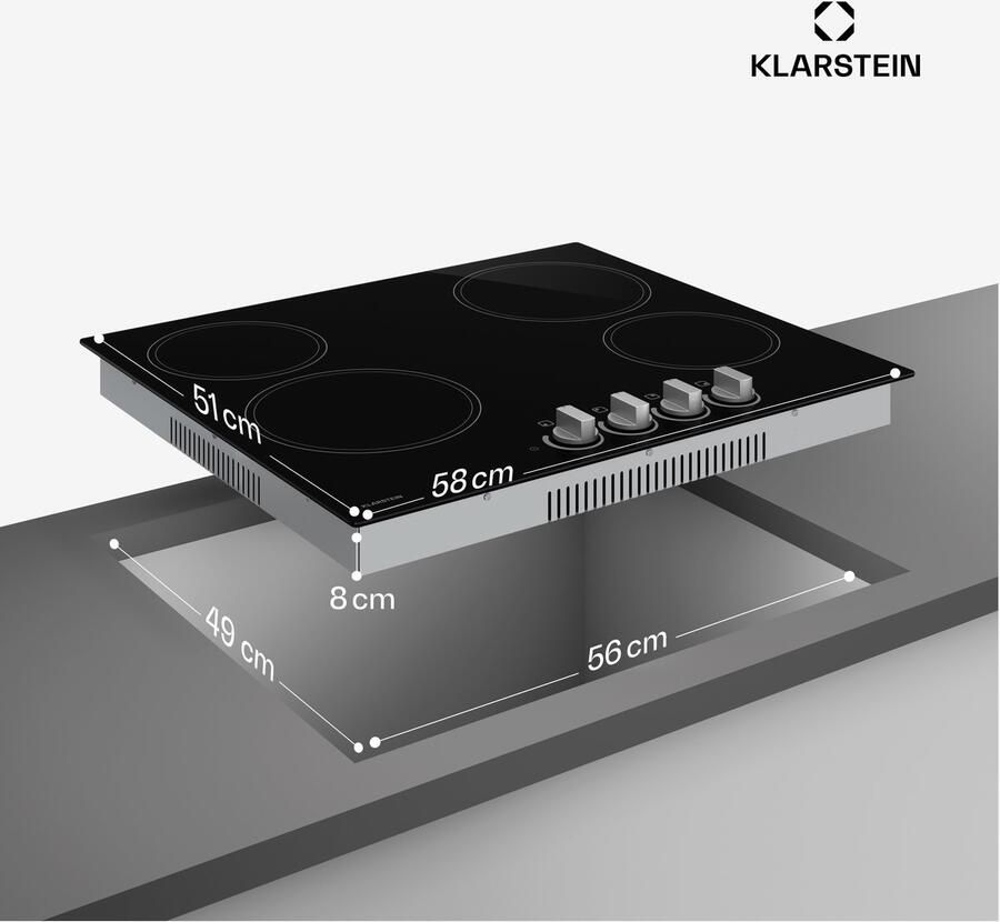 Klarstein Kookplaat keramische 60 cm 4-zone elektrische kookplaat met draaiknoppen 5800 W restwarmte-indicator kinderslot en automatische uitschakeling makkelijk schoon te maken glazen oppervlak voor moderne keukens Kookveld 6000W - Foto 3
