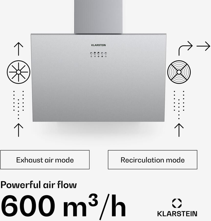 Klarstein Silver Lining Dunstabzugshaube Kopffreihaube EEK A Umluft oder Abluftbetrieb 3 Leistungsstufen Touchcontrol Schräghaube Wandhaube 600 m³ h 60 cm hellsilber – geschikt voor thuisfitness en sportschoolgebruik duurzame constructie e