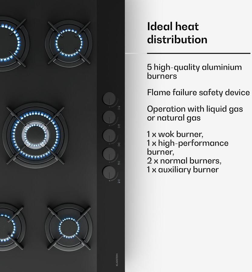 Klarstein Kookplaat Velaire gasfornuis 90 cm 5-pits glazen 10400 W geschikt voor LPG en aardgas elektrische ontsteking vlambeveiliging keukenaccessoire 10.400W voor Keuken Kookveld Cooktop Hob