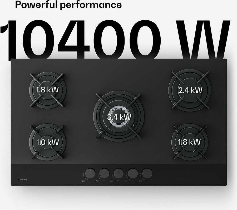Klarstein Kookplaat Velaire gasfornuis 90 cm 5-pits glazen 10400 W geschikt voor LPG en aardgas elektrische ontsteking vlambeveiliging keukenaccessoire 10.400W voor Keuken Kookveld Cooktop Hob