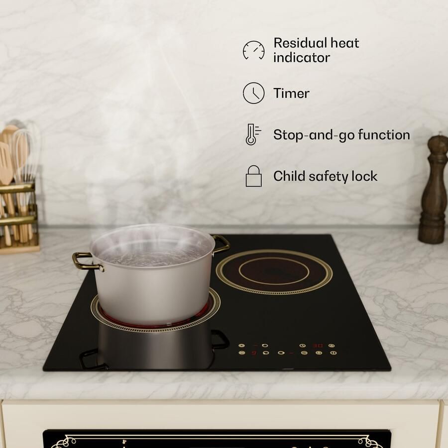 Klarstein Kookplaat Victoria keramische 45 cm retro design elektrische kookplaat met 3 zones en touchbediening dubbele zone 5000 W timer en kinderslot keramisch glazen oppervlak voor moderne keukens Kookveld voor Keuken Restwarmte - Foto 2