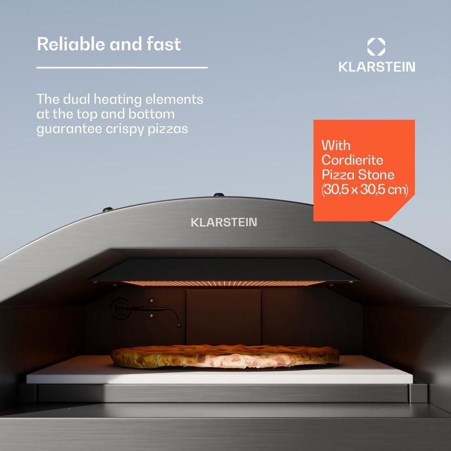 Klarstein LaFiamma Pizzaoven Elektrisch 450 graden 2000 W Dubbele verwarmingselementen Inclusief pizzasteen Roestvrij staal Snelle opwarmtijd Buitenopstelling Tot 450 °C Compact