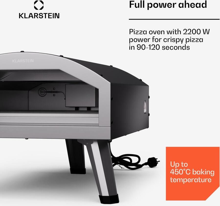 Klarstein LaFiamma Pizzaoven Elektrisch 450 graden 2000 W Dubbele verwarmingselementen Inclusief pizzasteen Roestvrij staal Snelle opwarmtijd Buitenopstelling Tot 450 °C Compact