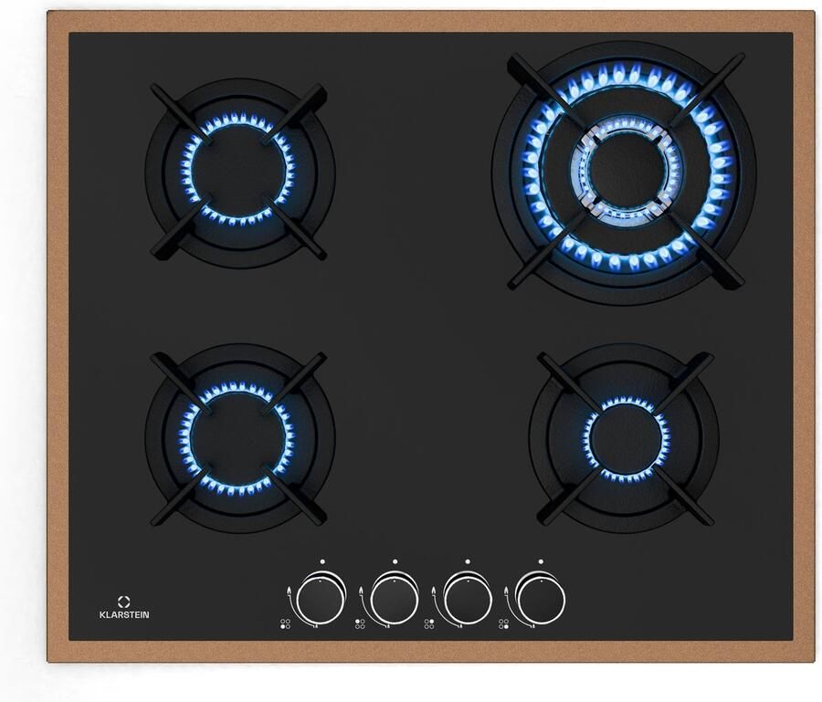 Klarstein Lumiflame Gaskochfeld 4 Brenner 8 kW Kupferrahmen & Glas Elektrische Zündung FFD Sicherheit Gusseiserne Topfträger 60 cm LPG & Erdgas kompatibel – geschikt voor thuisfitness en sportschoolgebruik duurzame constructie eenvoudig te