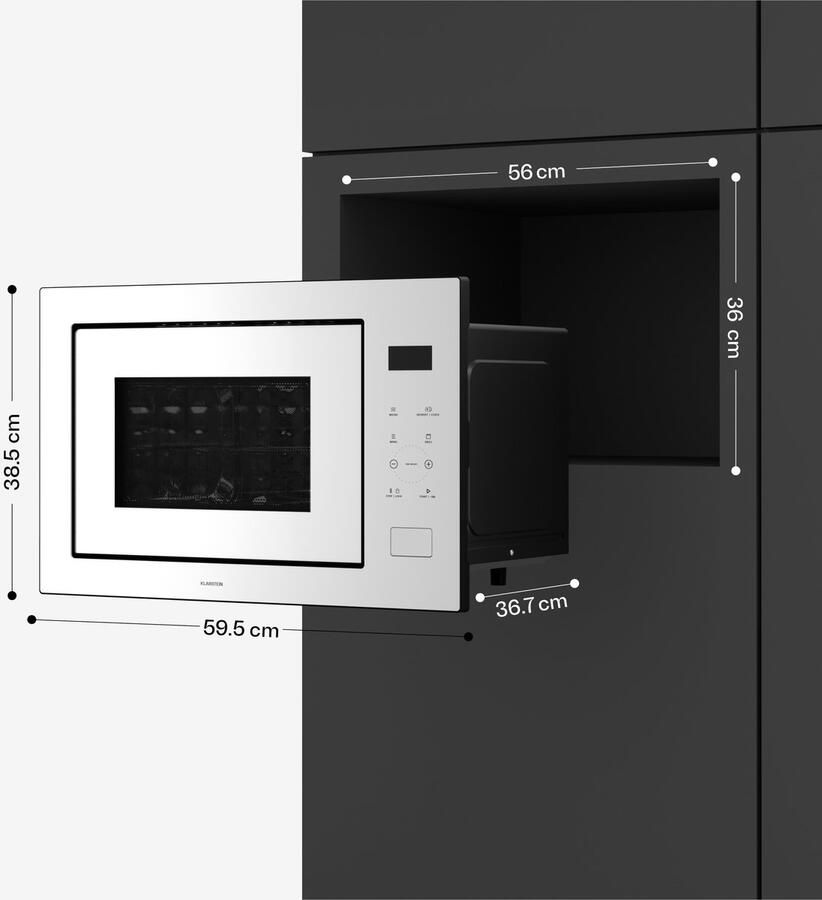 Klarstein Magnetron Velaire inbouwmagnetron met grill – 25 l 850 W & 1200 W grill 8 programma's touchbediening roestvrij staal inbouwmagnetron wit 25L voor Keuken Timer RVS Aluminium glas Display Microwave