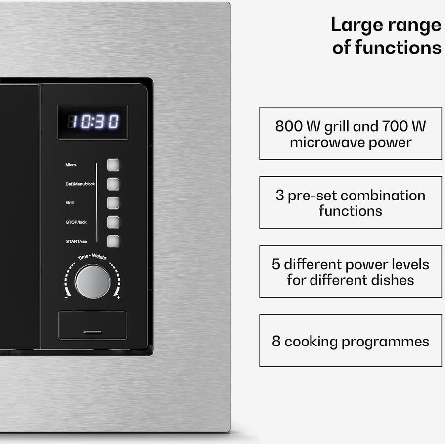 Klarstein Magnetron Verosteel inbouwmagnetron met grill – 20 l 700 W & 800 W grill 8 programma's touchbediening roestvrij staal geïntegreerde magnetronoven 20L voor Keuken Timer RVS glas Display Microwave