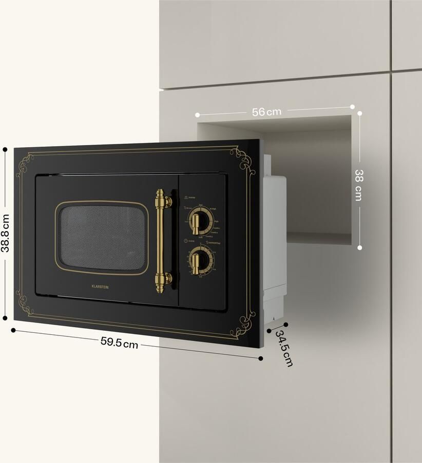 Klarstein Victoria 20 Einbau Mikrowelle Retro 20 L 800 W Mikrowellen 1000 W Grillleistung 3 Kombi Funktionen Edelstahl inkl. Einbaurahmen schwarz – geschikt voor thuisfitness en sportschoolgebruik duurzame constructie eenvoudig te monteren