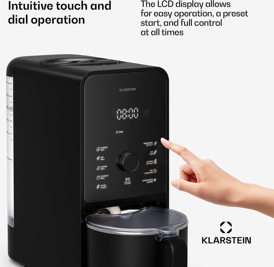 Klarstein Marcia Touch notenmelkmaker 1200 W plantaardige melkmaker 12 programma's zelfreinigend LCD-touchdisplay 1 2 l roestvrijstalen kan amandel- haver- en sojamelkmaker