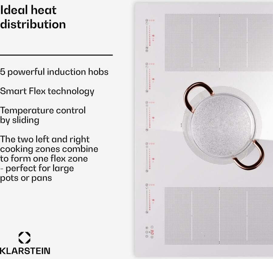 Klarstein Masterzone 90 Flex inductiekookplaat inbouw 4 Flexzones ThermoBoost Smart Flex technology Max. 12600 Watt Wit