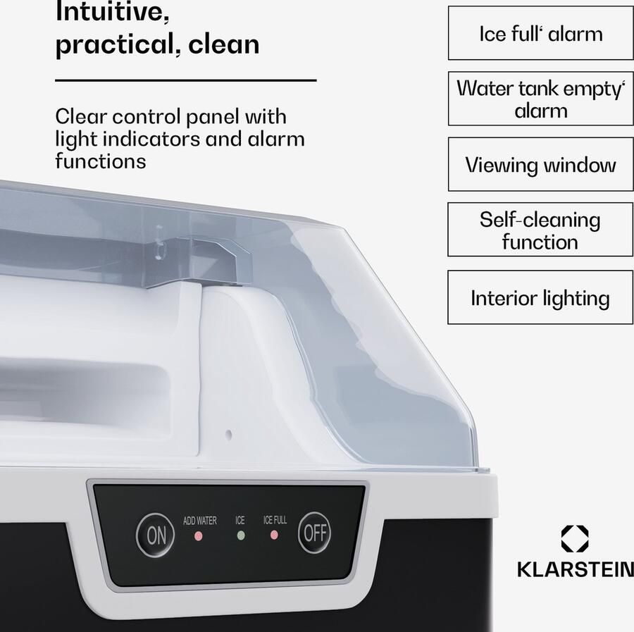 Klarstein Wallberg Nugget Ice Maker Ijsblokjesmachine Snelle modus Ijsblokjes binnen 4 minuten 200 Watt compressor Tot 12 kg ijsblokjes per dag Modern & draagbaar design Beschikbaar in 2 kleuren Zwart