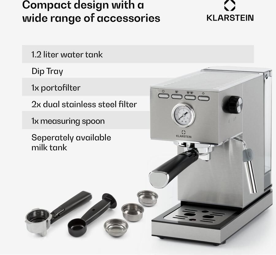 Klarstein Pausa Espressomachine 1350 Watt 20 Bar druk Inhoud Waterreservoir: 1 4 Liter Beweegbaar opschuimpijpje Uitneembaar lekbakje Roestvrijstalen behuizing Zilver