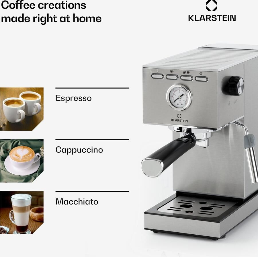 Klarstein Pausa Espressomachine 1350 Watt 20 Bar druk Inhoud Waterreservoir: 1 4 Liter Beweegbaar opschuimpijpje Uitneembaar lekbakje Roestvrijstalen behuizing Zilver - Foto 2