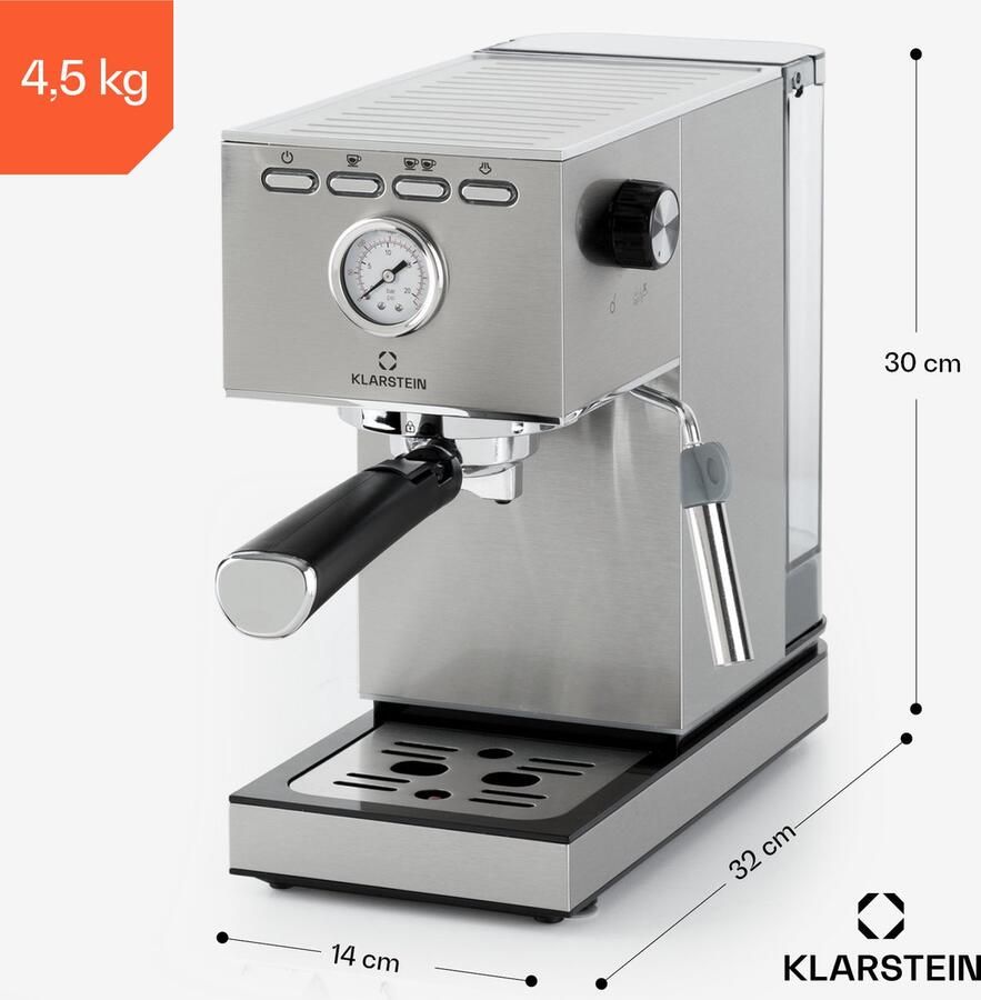 Klarstein Pausa Espressomachine 1350 Watt 20 Bar druk Inhoud Waterreservoir: 1 4 Liter Beweegbaar opschuimpijpje Uitneembaar lekbakje Roestvrijstalen behuizing Zilver - Foto 3