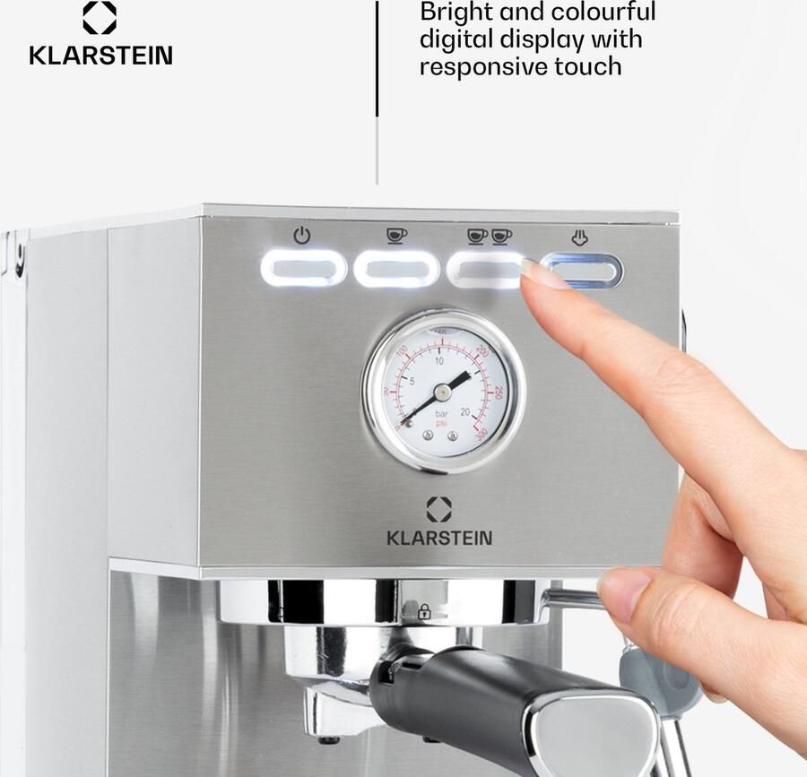 Klarstein Pausa Espressomachine 1350 Watt 20 Bar druk Inhoud Waterreservoir: 1 4 Liter Beweegbaar opschuimpijpje Uitneembaar lekbakje Roestvrijstalen behuizing Zilver - Foto 4