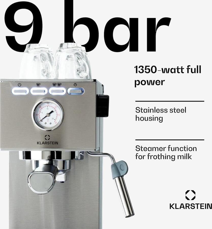 Klarstein Pausa Espressomachine 1350 Watt 20 Bar druk Inhoud Waterreservoir: 1 4 Liter Beweegbaar opschuimpijpje Uitneembaar lekbakje Roestvrijstalen behuizing Zilver - Foto 5