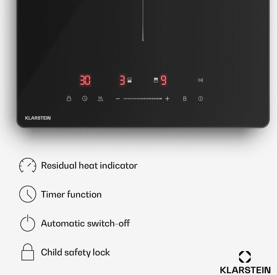 Klarstein PowerGlide inductiekookplaat 2-zone inbouw inductiekookplaat 3500 W boost touchslider timer kinderslot restwarmte-indicator keramisch glas 30 cm zwart - Foto 3