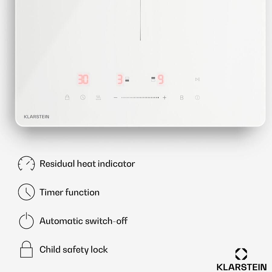 Klarstein PowerGlide inductiekookplaat 2-zone inbouw inductiekookplaat 3500 W boost touchslider timer kinderslot restwarmte-indicator keramisch glas 30 cm wit